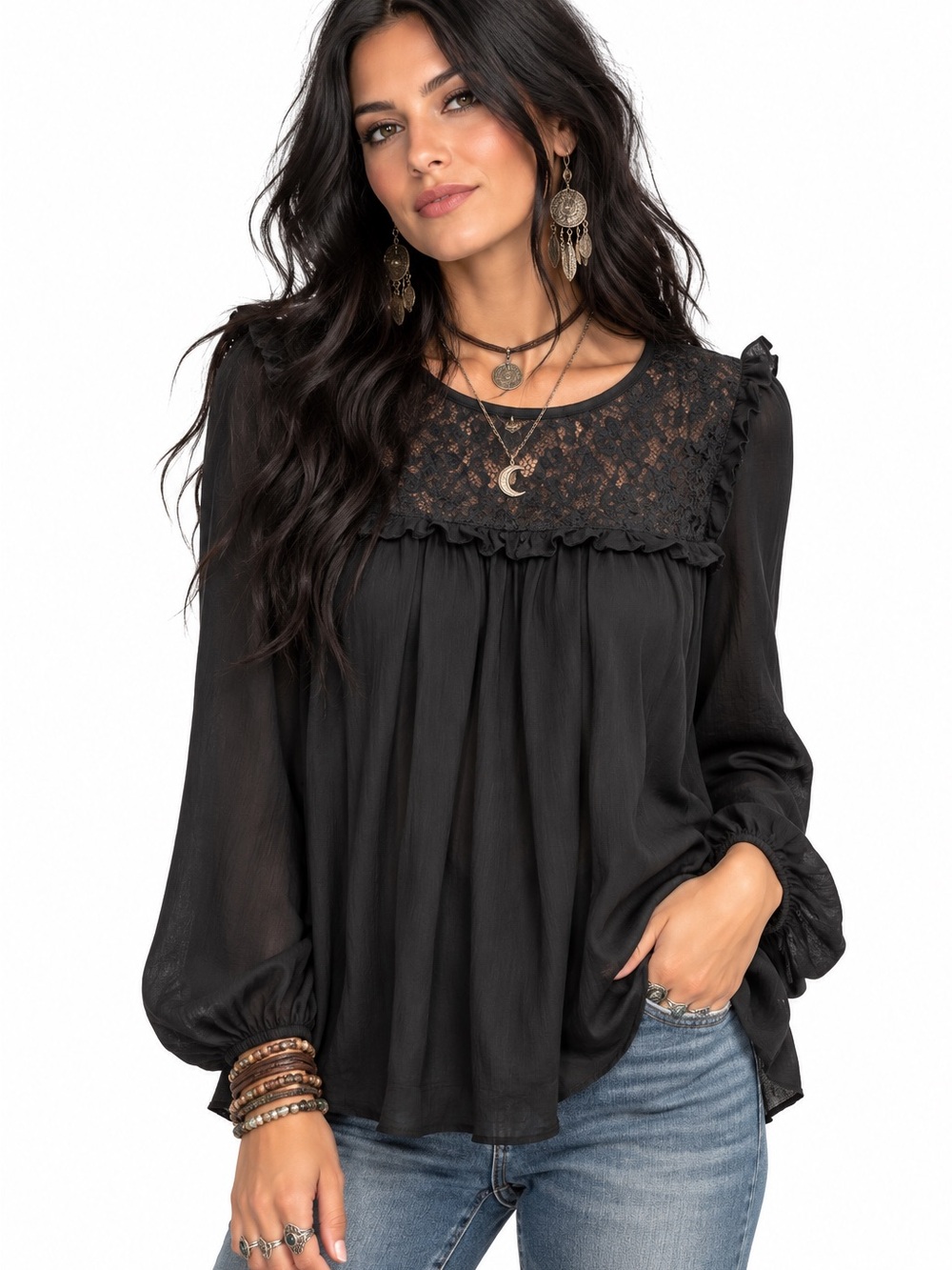 Lulu's Black Lace-Yoke Long Sleeve Blouse Whimsigoth Goth Large